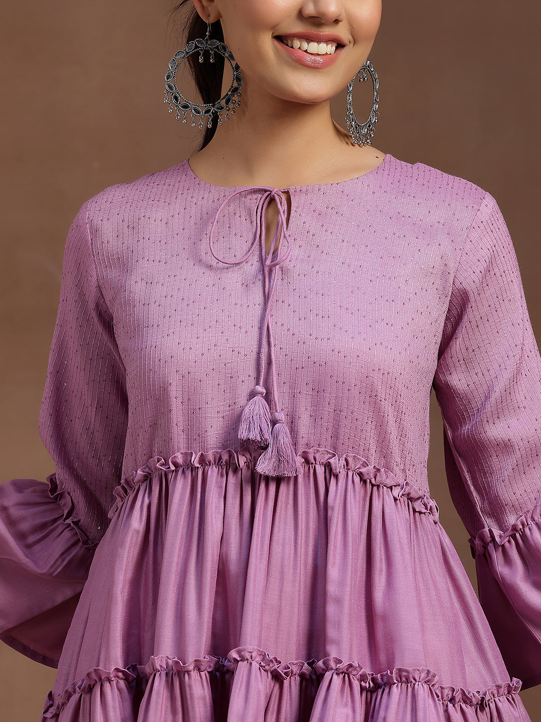 Lavender Embellished Silk Blend A-line Kurti