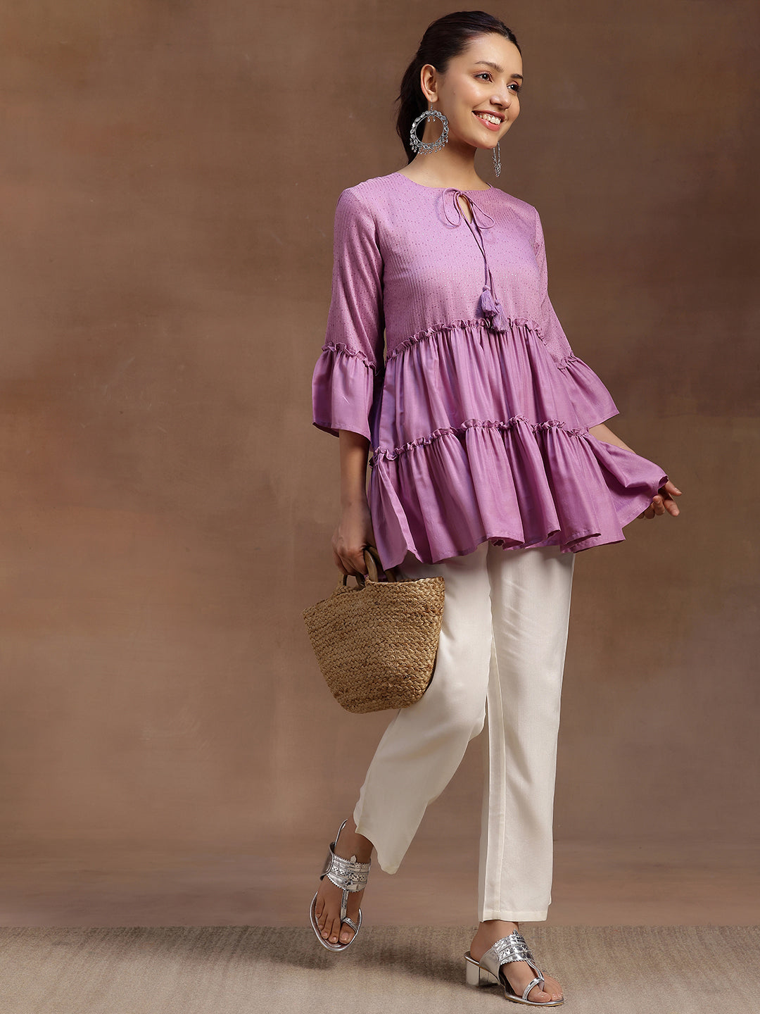 Lavender Embellished Silk Blend A-line Kurti