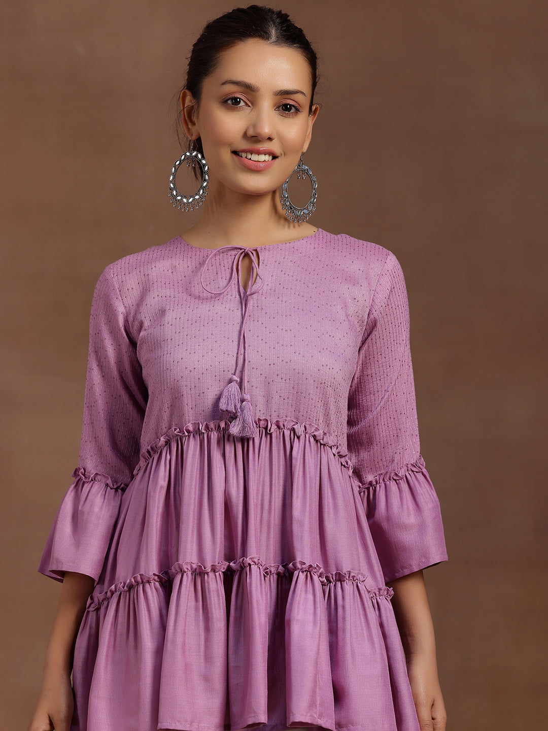 Lavender Embellished Silk Blend A-line Kurti