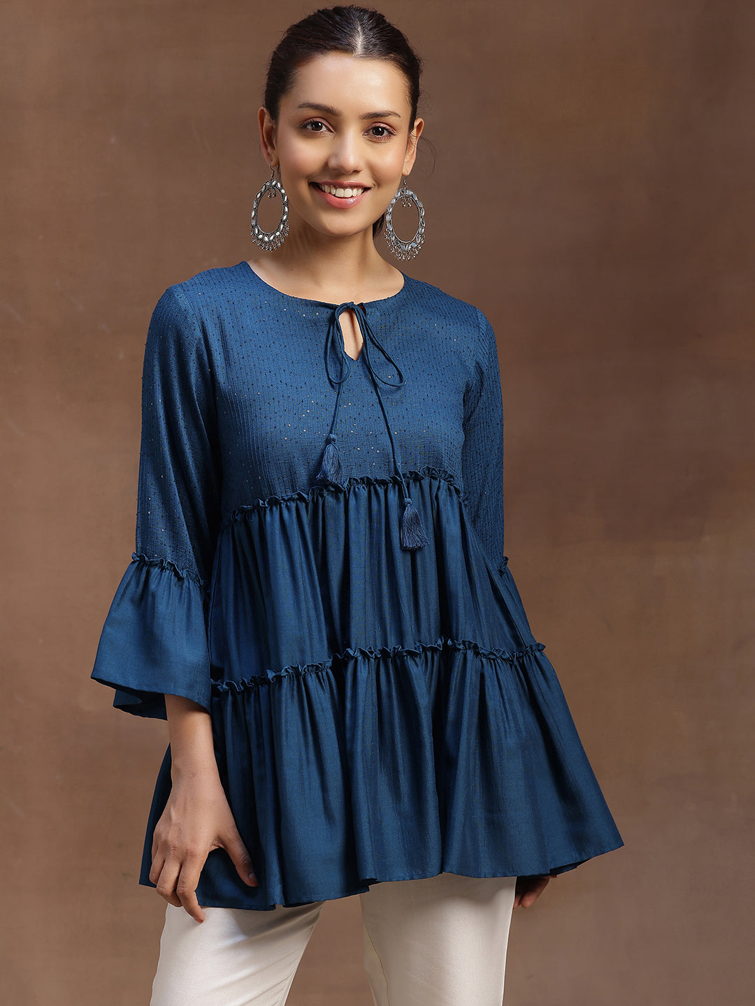 Blue Embellished Silk Blend A-line Kurti