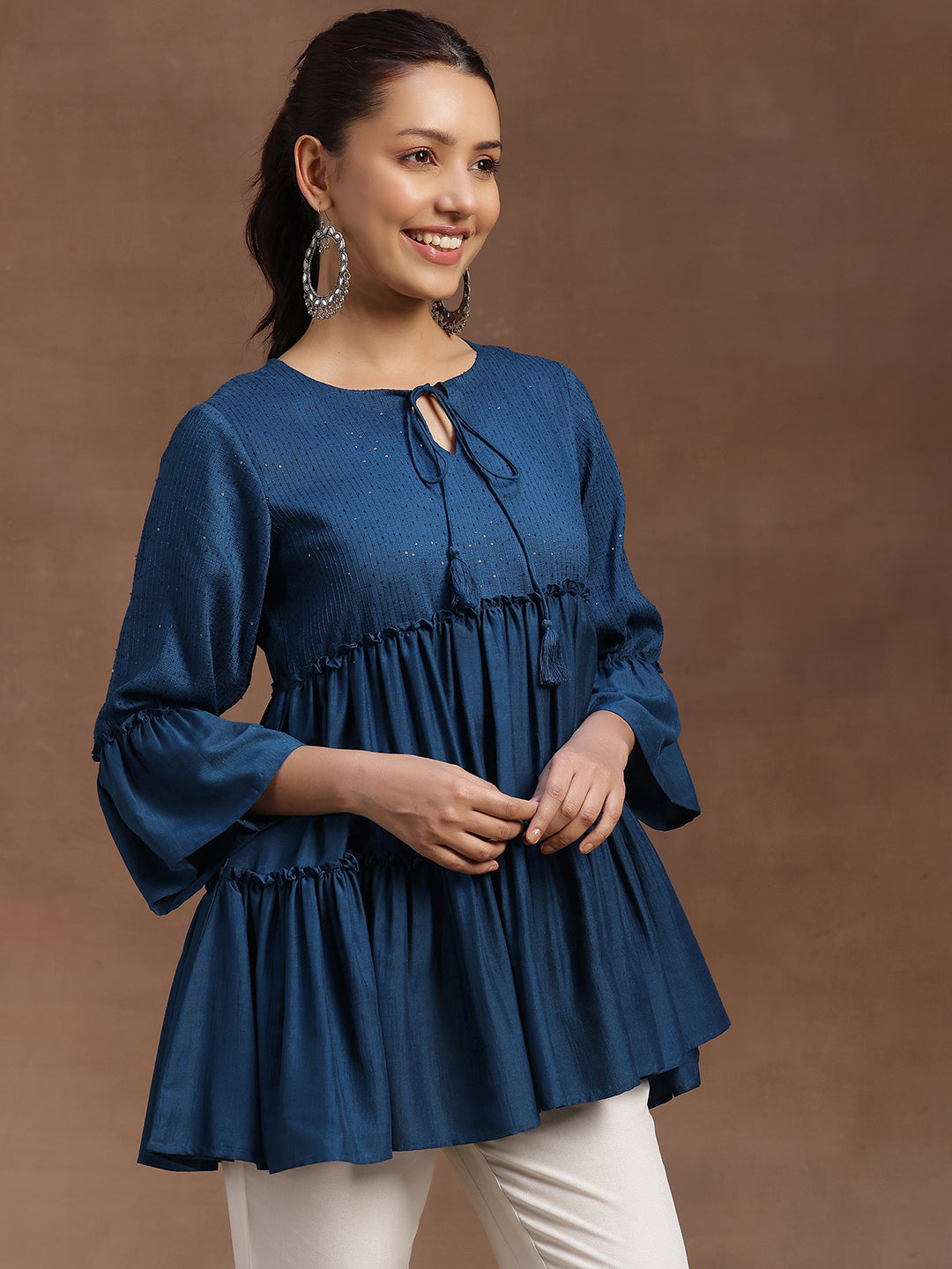 Blue Embellished Silk Blend A-line Kurti