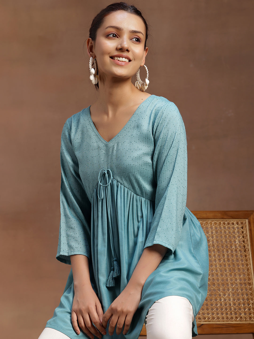 Sea Green Embellished Silk Blend A-line Kurti