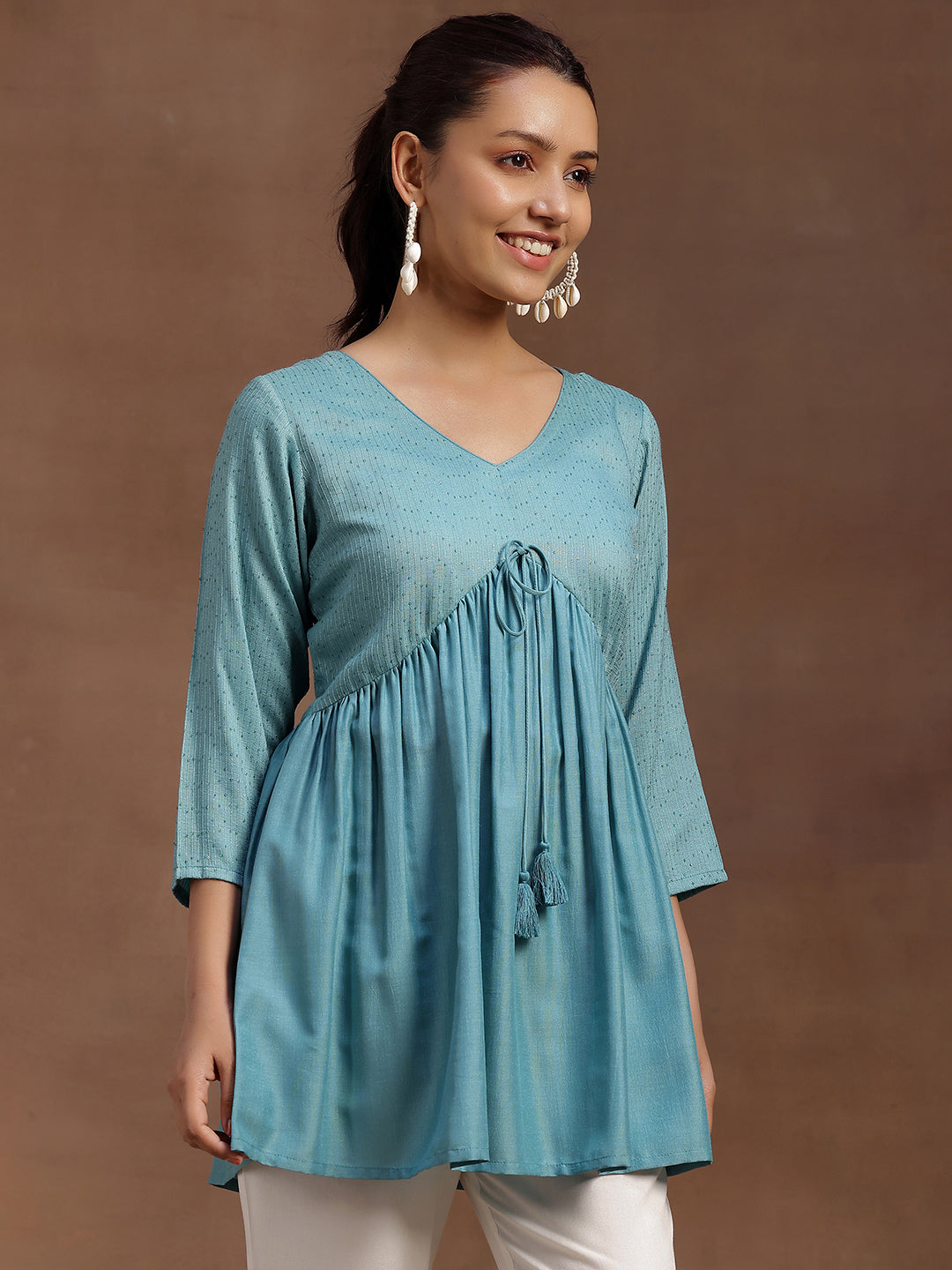 Sea Green Embellished Silk Blend A-line Kurti