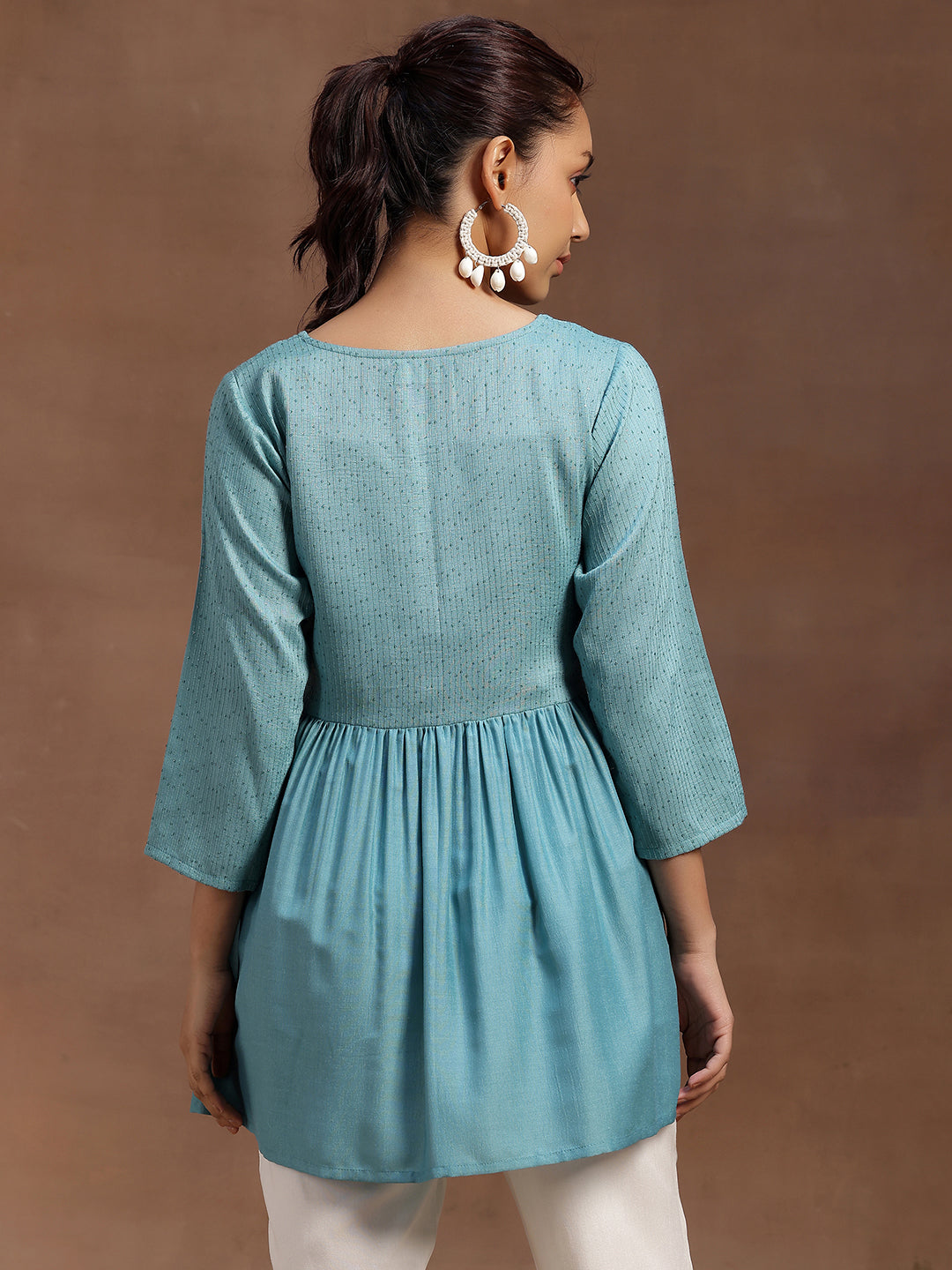 Sea Green Embellished Silk Blend A-line Kurti