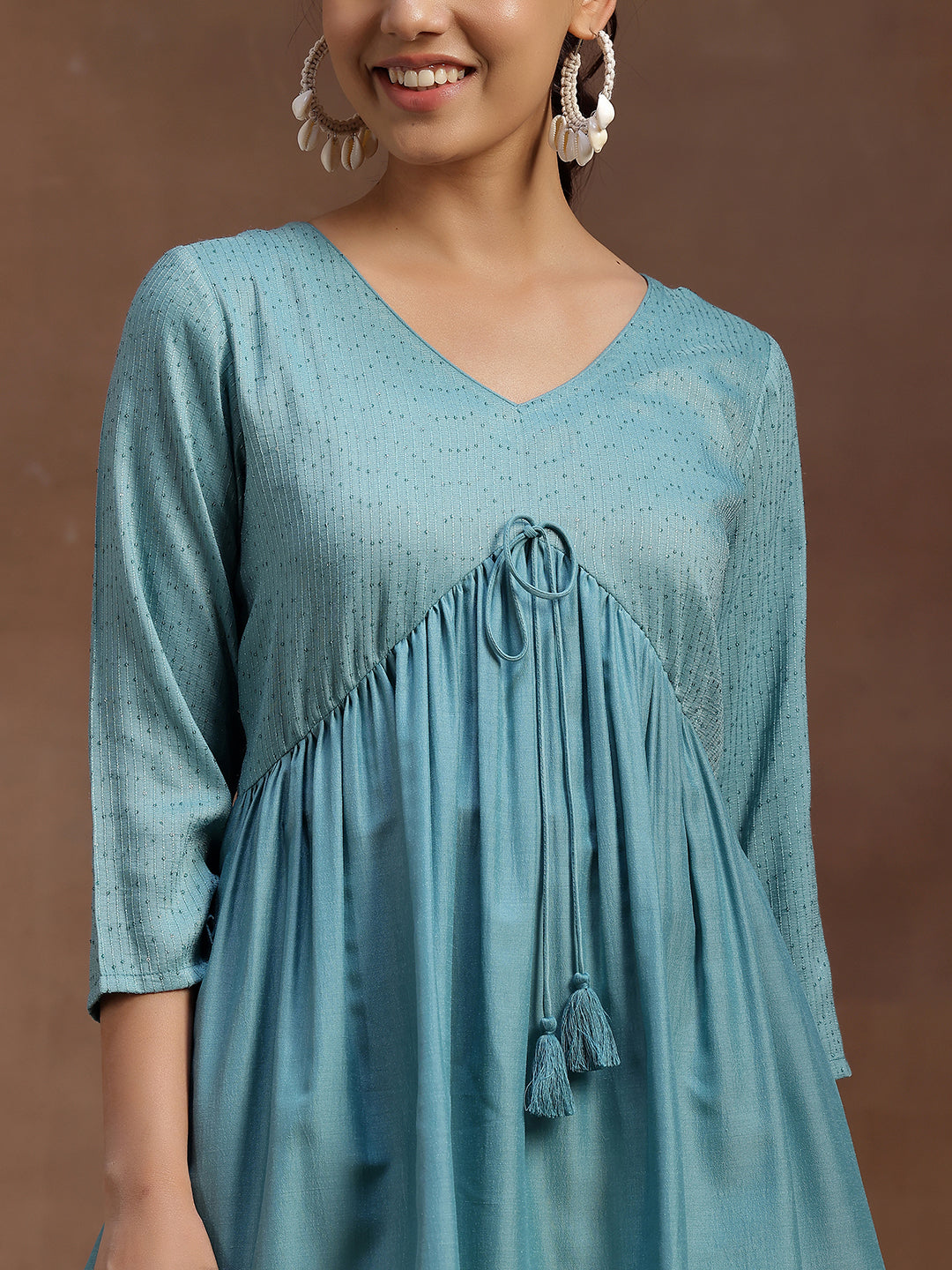 Sea Green Embellished Silk Blend A-line Kurti