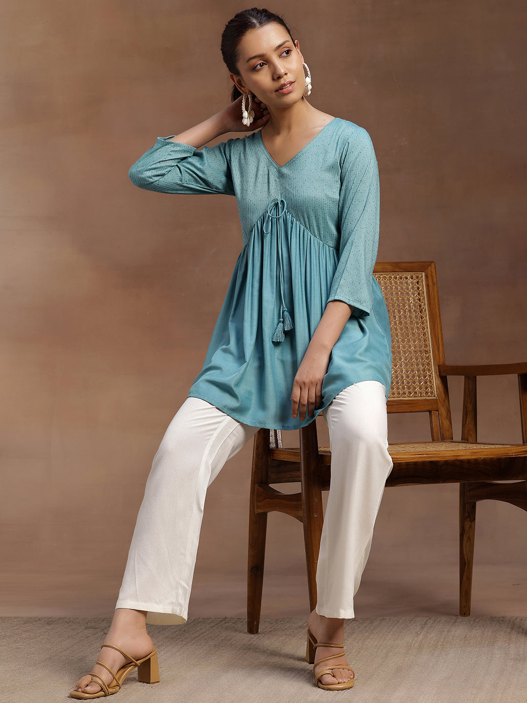 Sea Green Embellished Silk Blend A-line Kurti