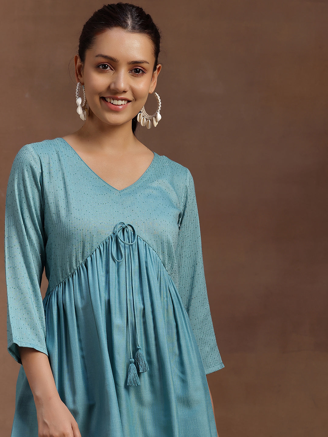 Sea Green Embellished Silk Blend A-line Kurti