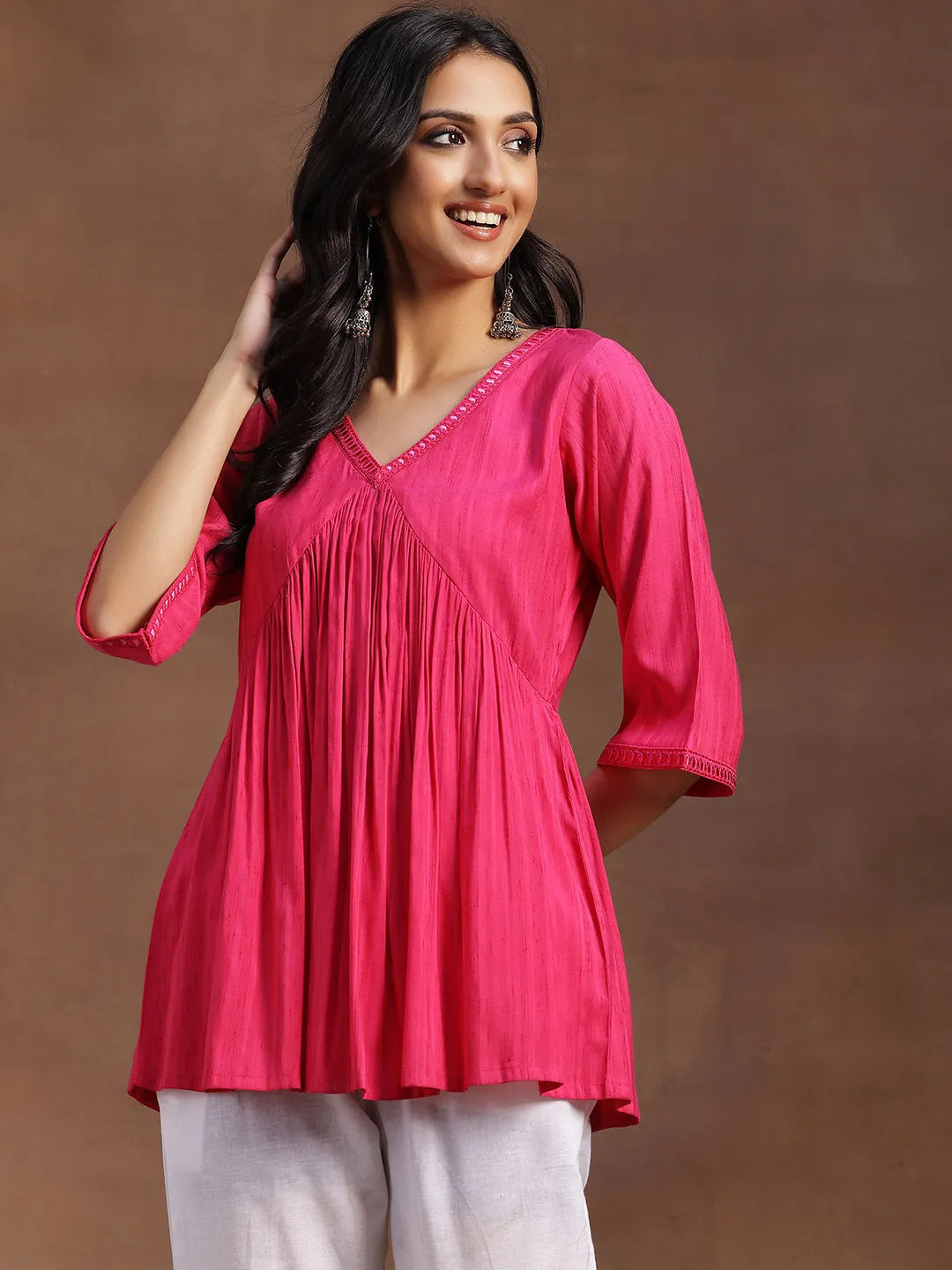 Pink Solid Rayon A-line Kurti