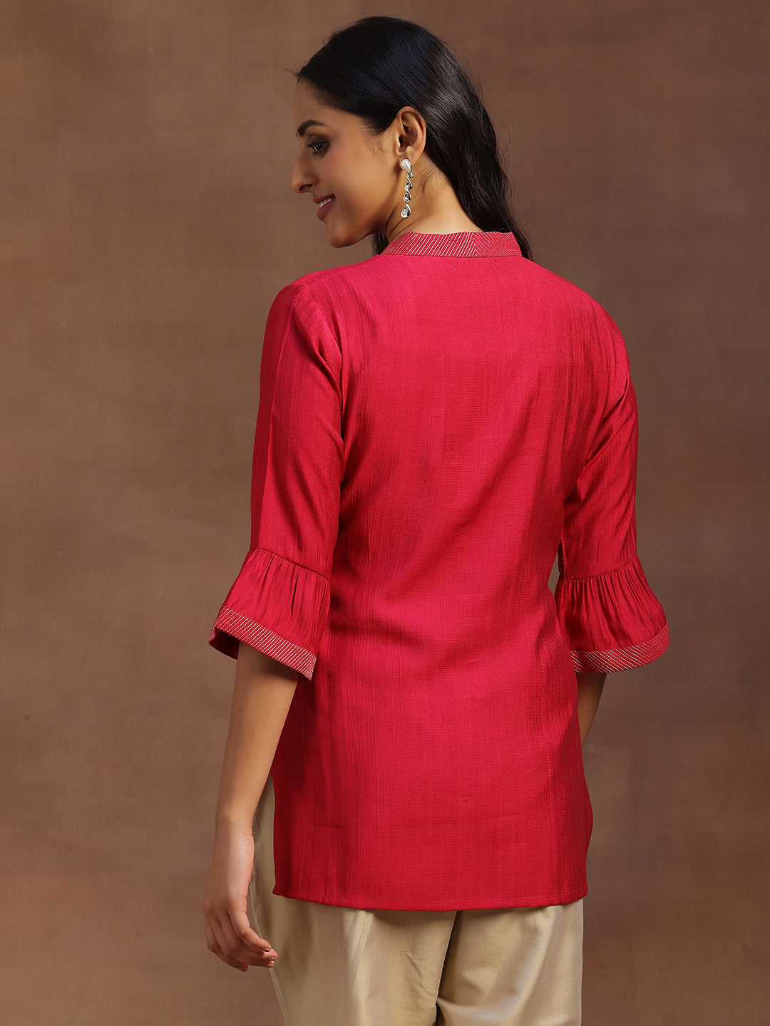 Pink Solid Silk Blend Straight Kurti