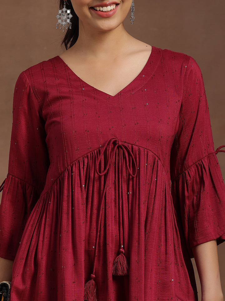 Wine Embellished Silk Blend A-line Kurti