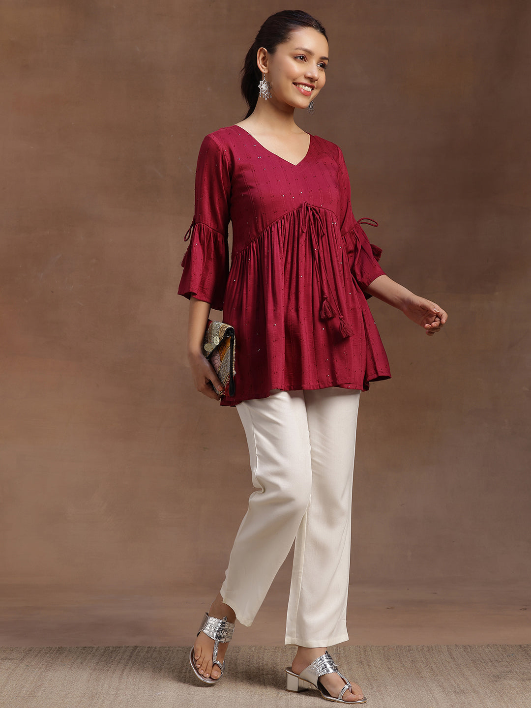 Wine Embellished Silk Blend A-line Kurti