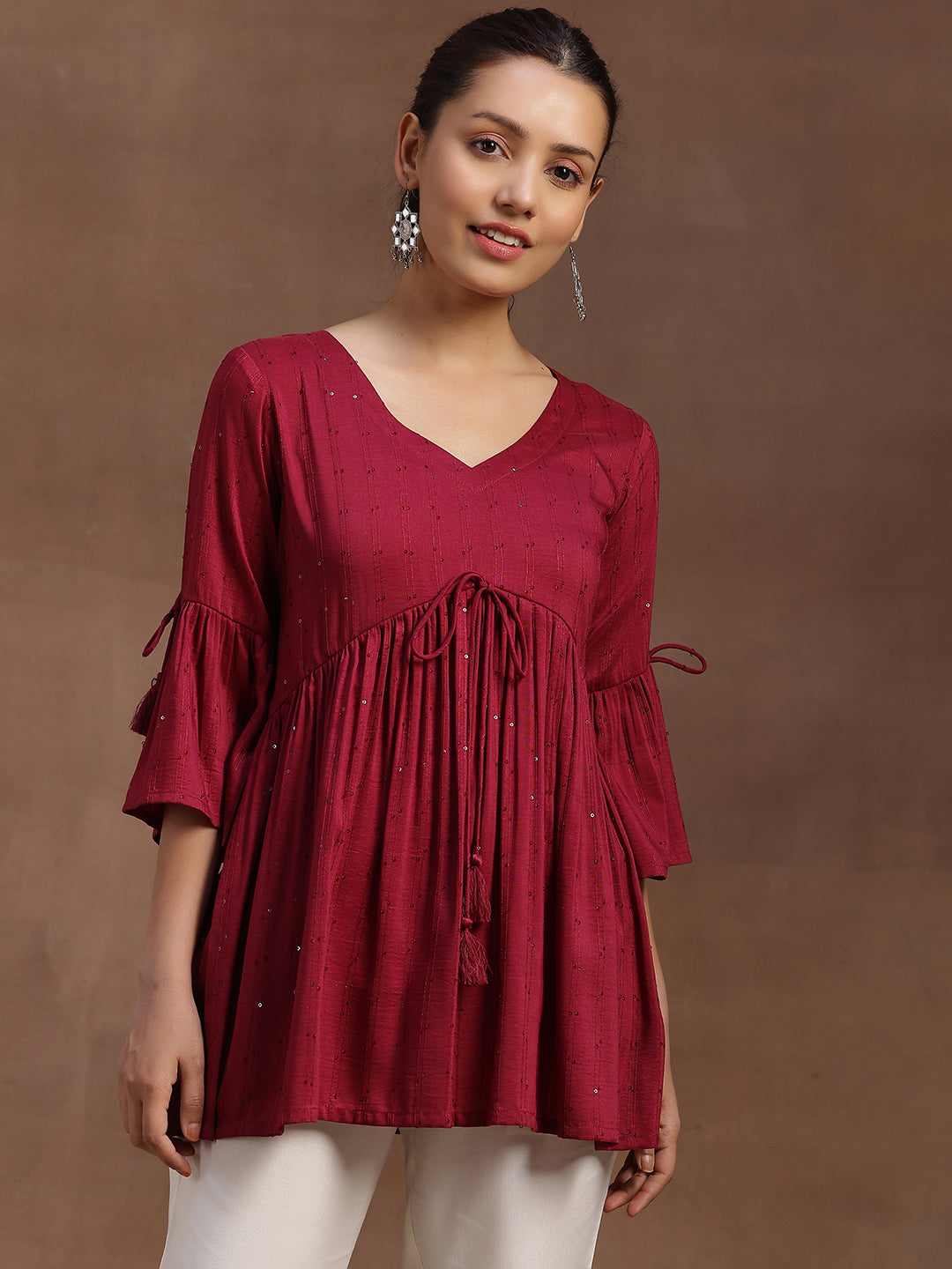 Wine Embellished Silk Blend A-line Kurti