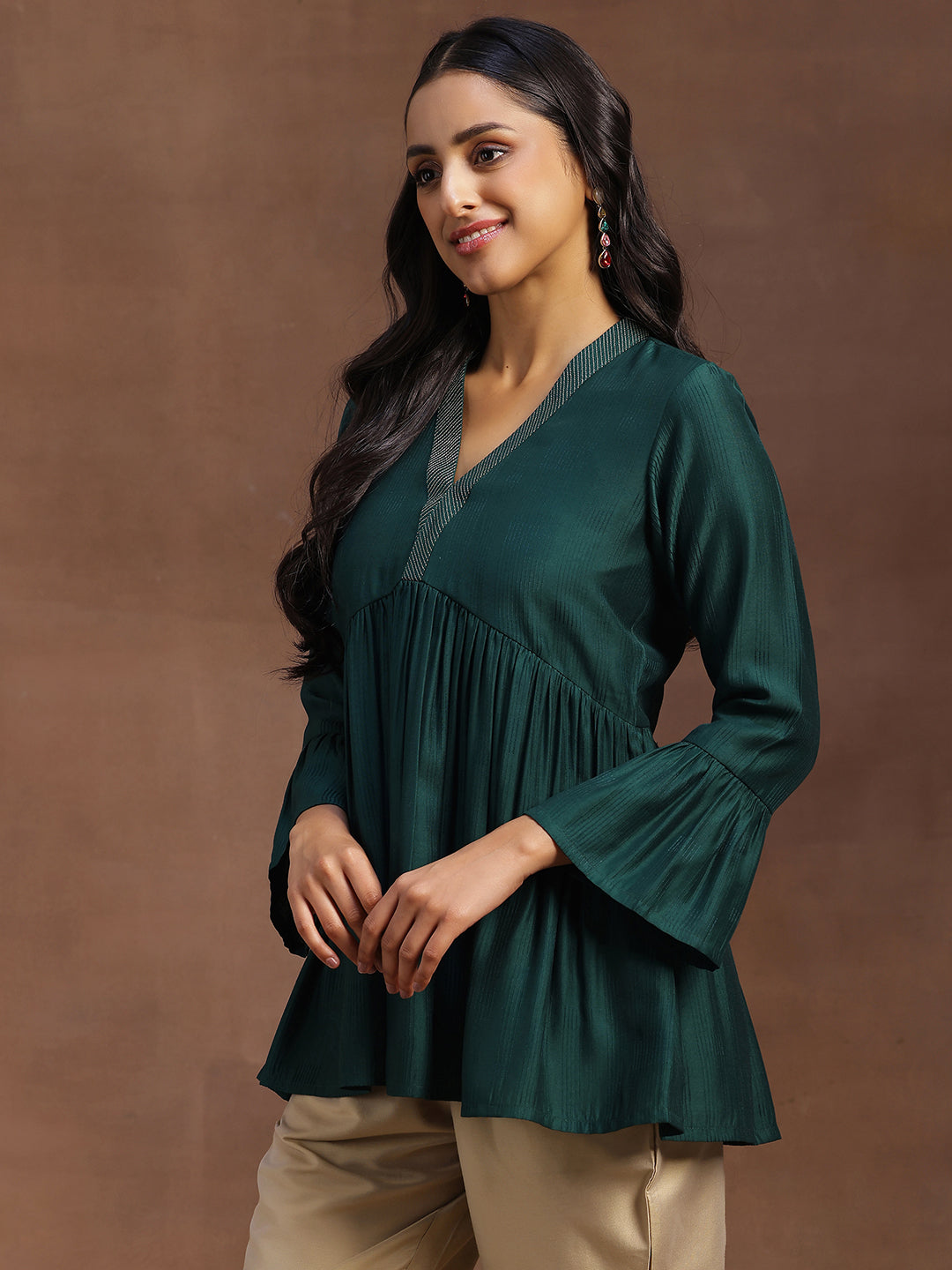 Green Woven Design Silk Blend A-line Kurti