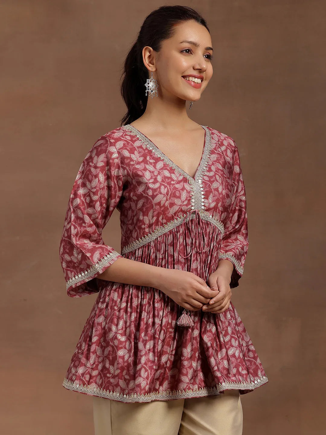 Pink Printed Silk Blend A-line Kurti