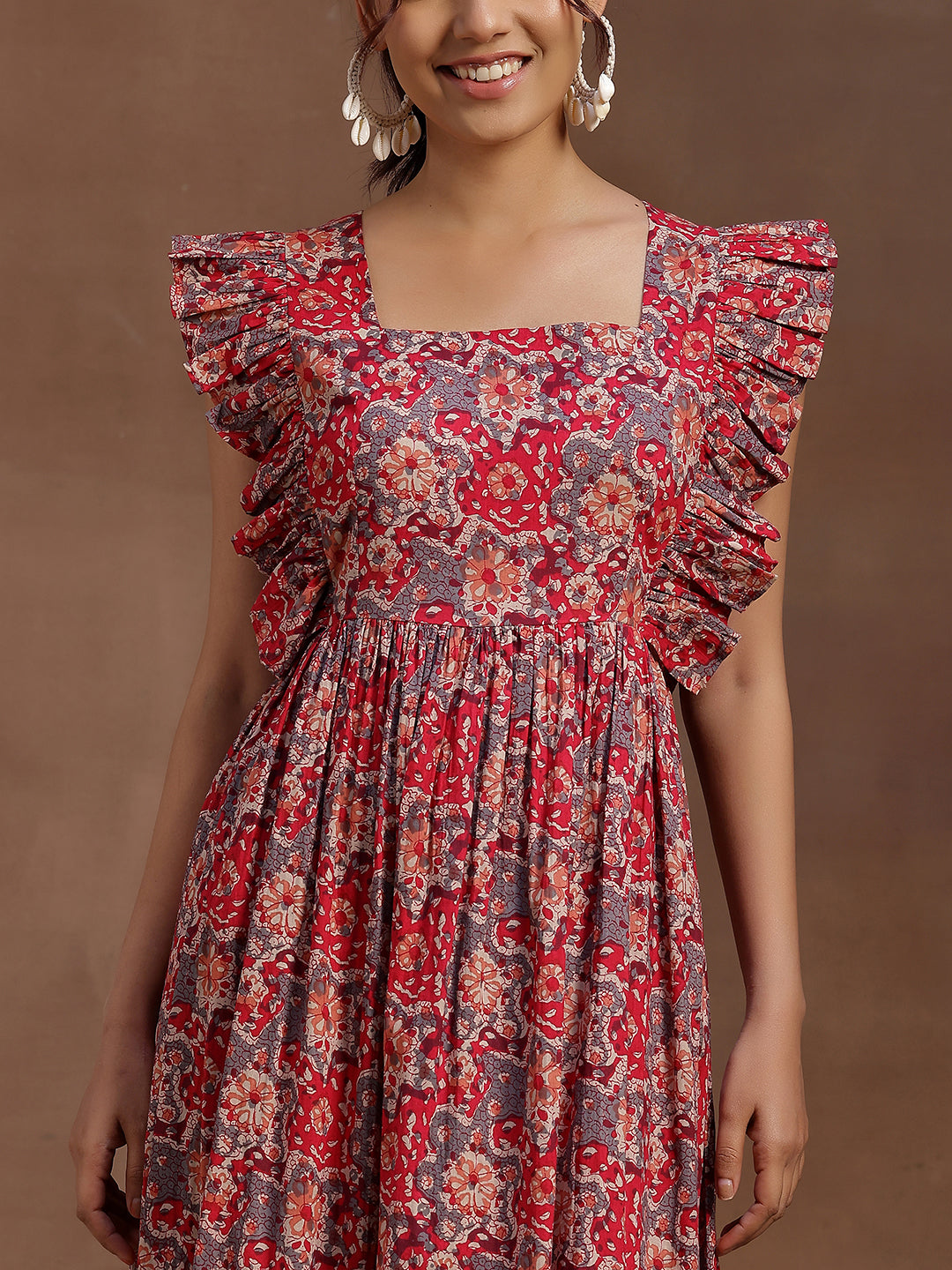 Pink Printed Cotton Fit and Flare Dress