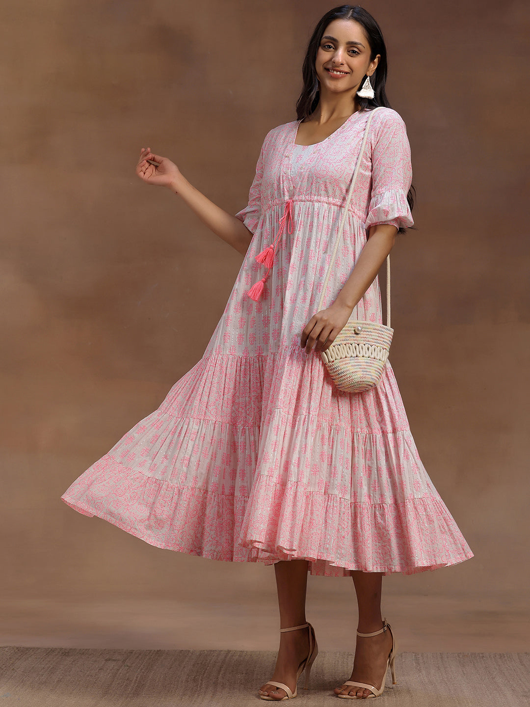 Pink Printed Cotton A-Line Dress