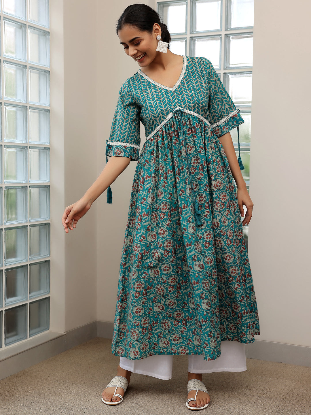 Green Printed Cotton Fit and Flare Dress