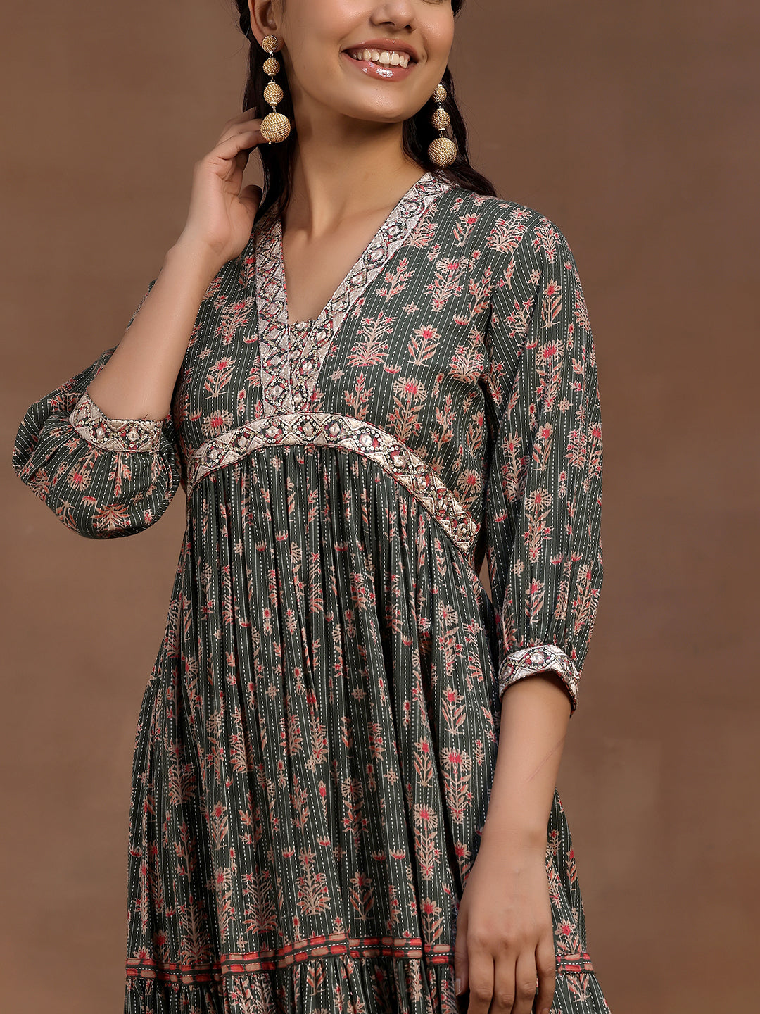 Green Printed Cotton Fit and Flare Dress