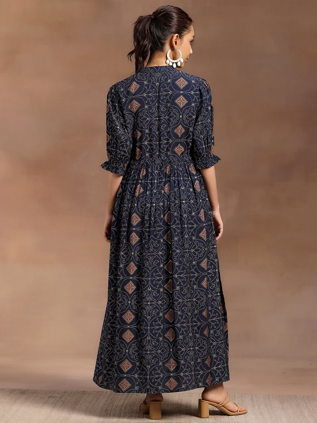 Blue Printed Silk A-Line Dress