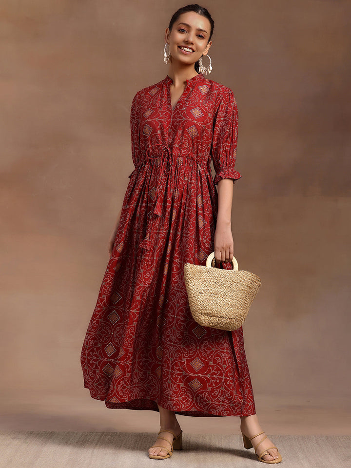 Red Printed Silk A-Line Dress