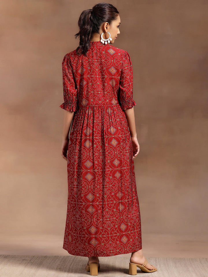 Red Printed Silk A-Line Dress