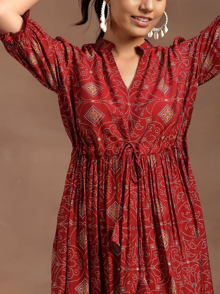 Red Printed Silk A-Line Dress