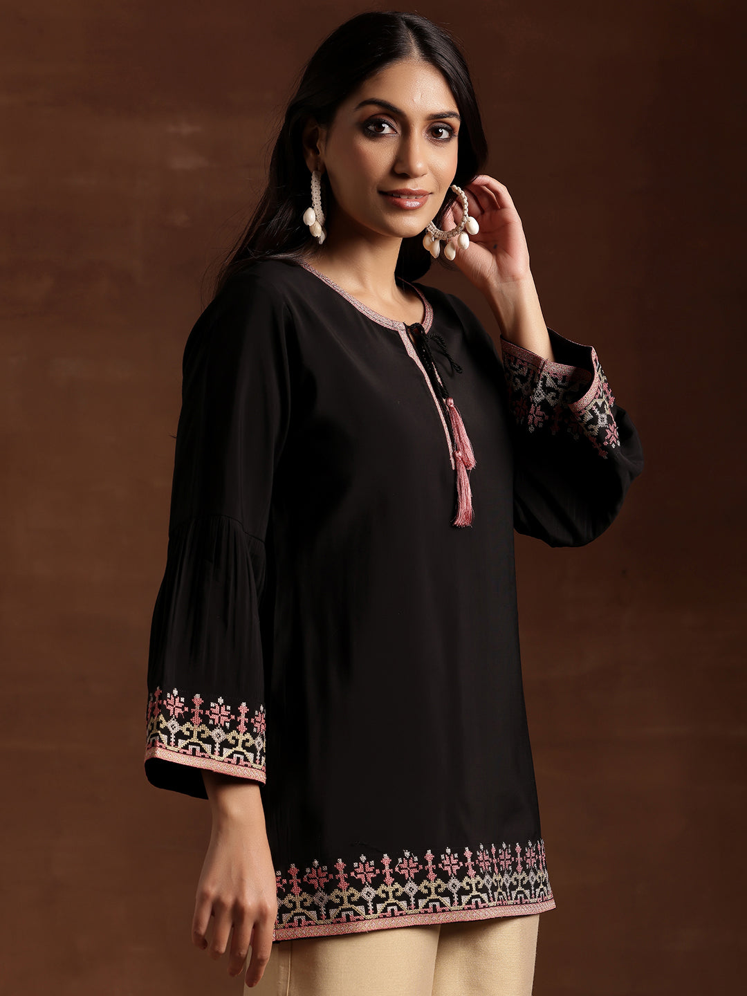 Black Embroidered Silk Blend Straight Kurti