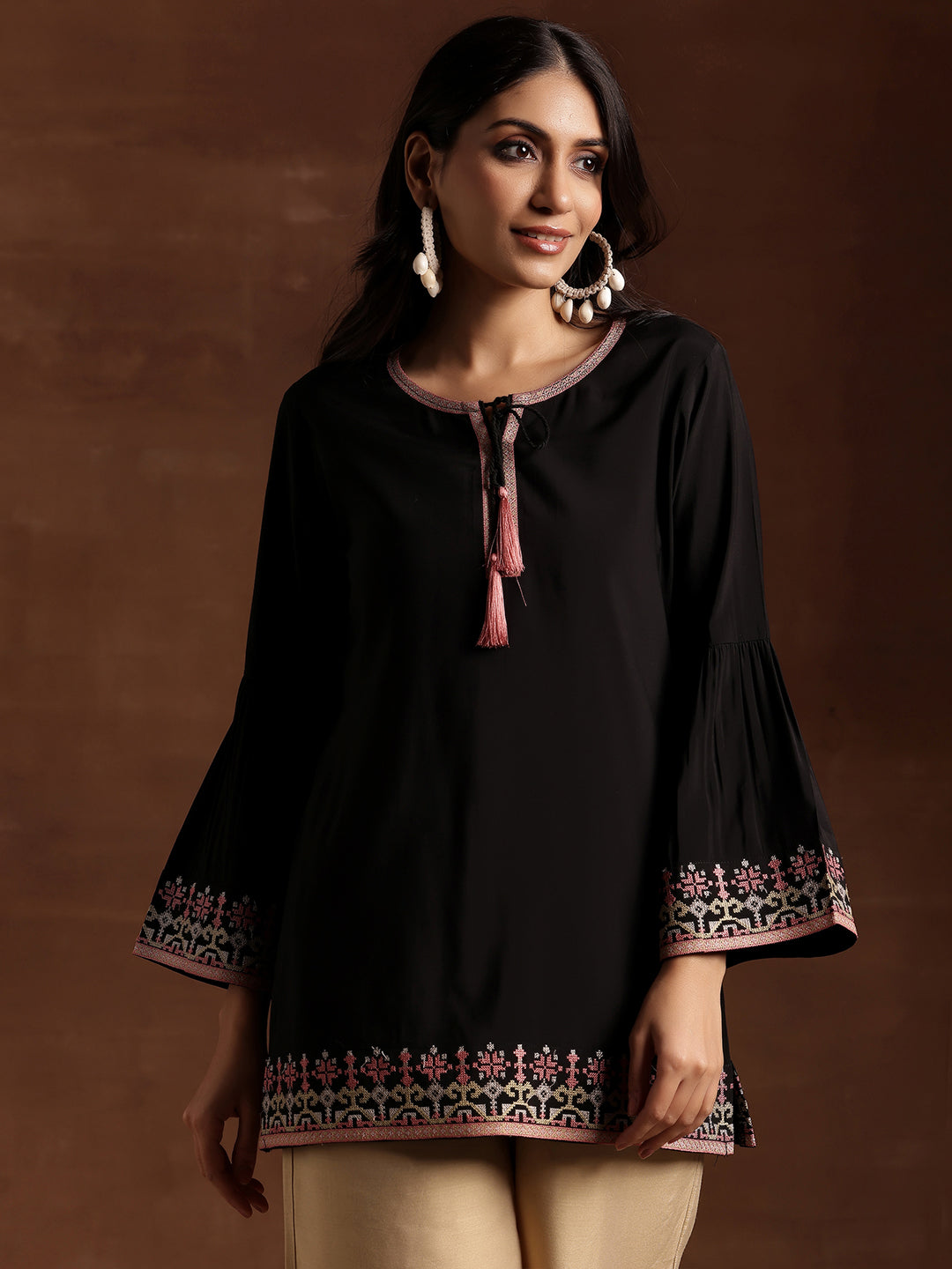 Black Embroidered Silk Blend Straight Kurti