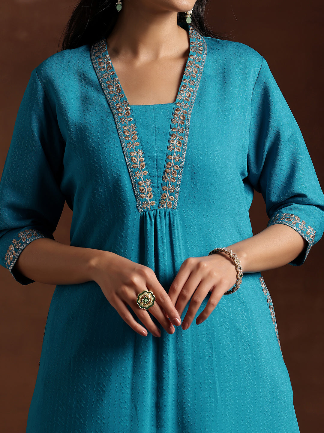 Blue Yoke Design Silk A-Line Kurta