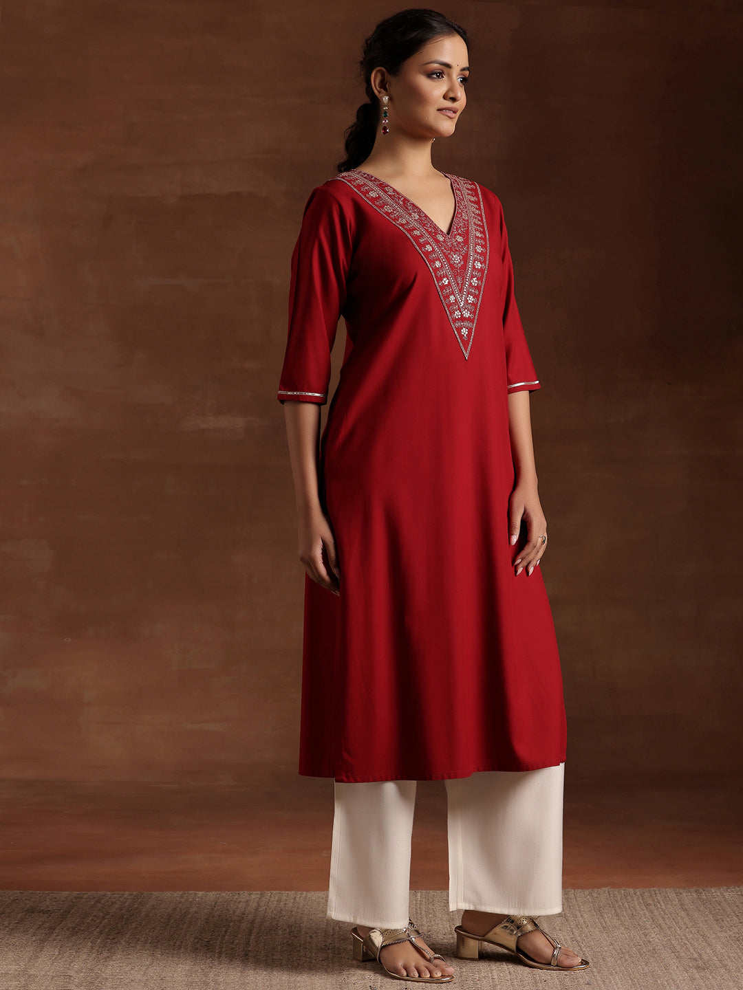 Maroon Yoke Design Rayon A-Line Kurta