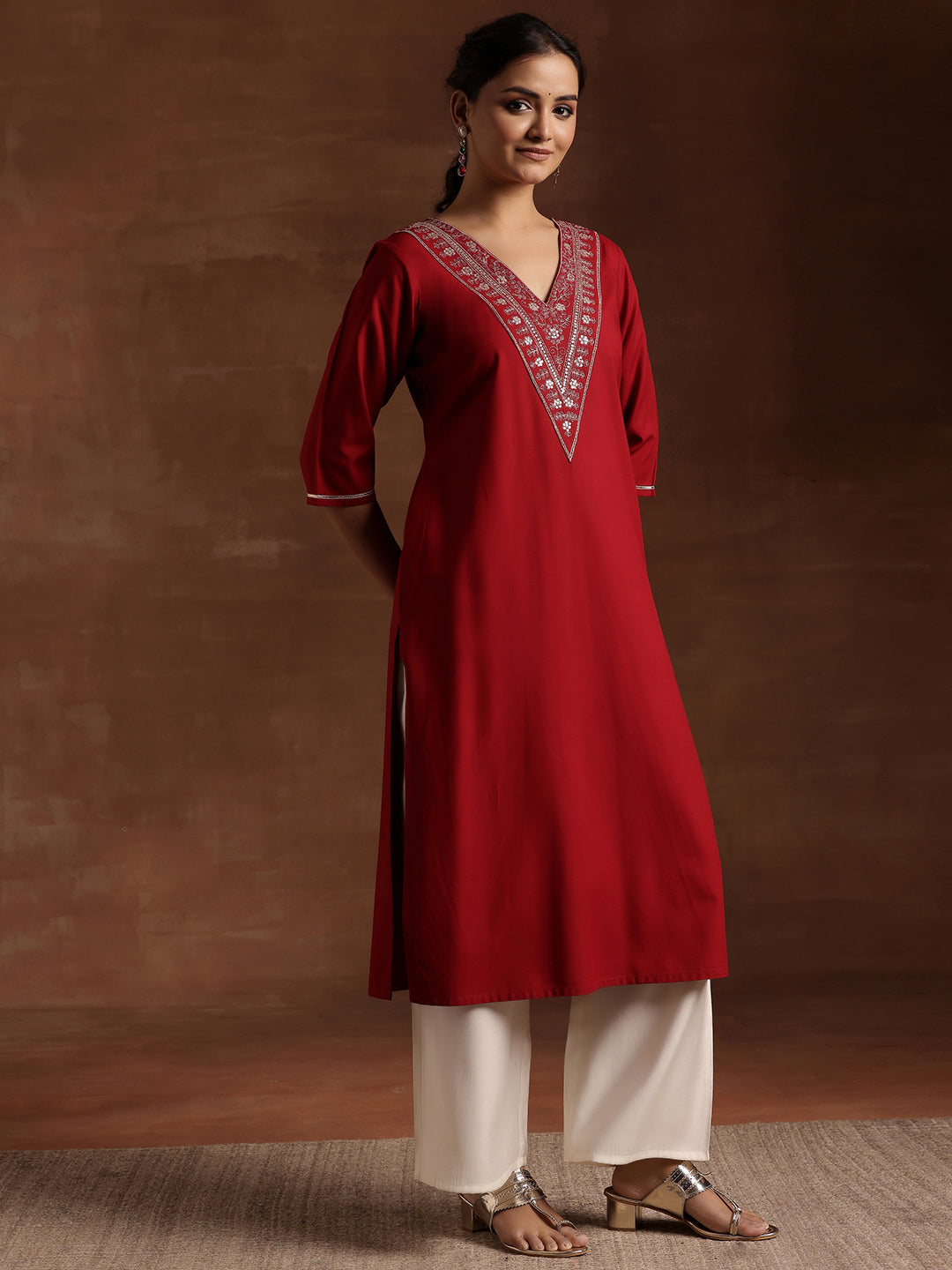 Maroon Yoke Design Rayon A-Line Kurta