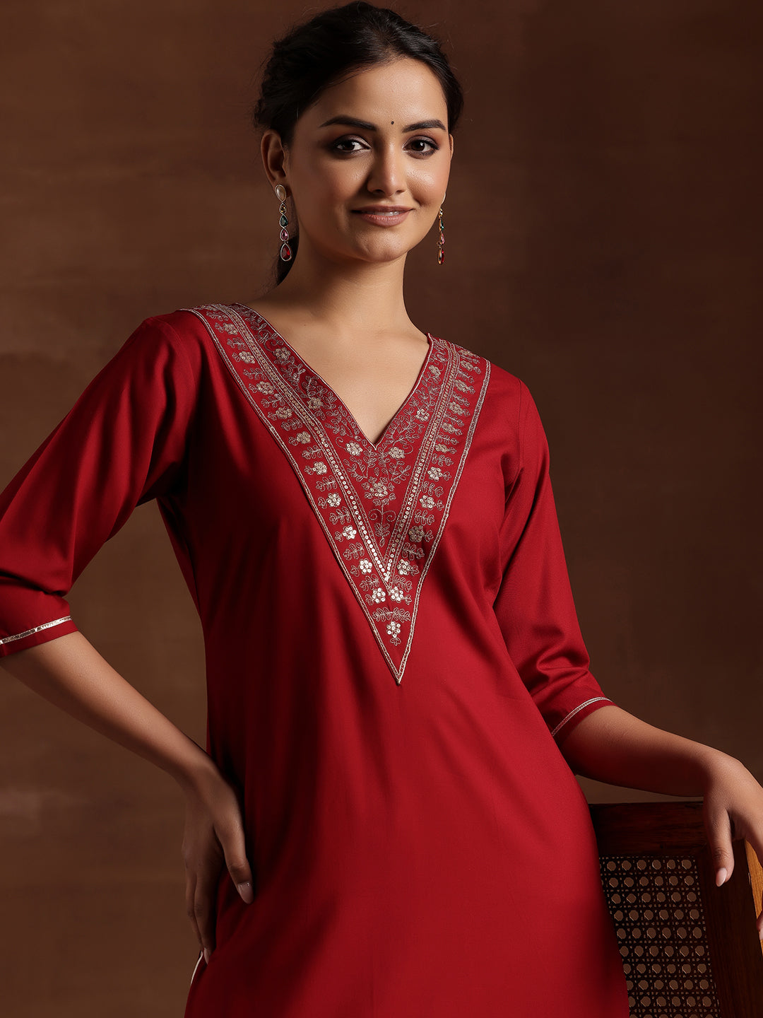 Maroon Yoke Design Rayon A-Line Kurta