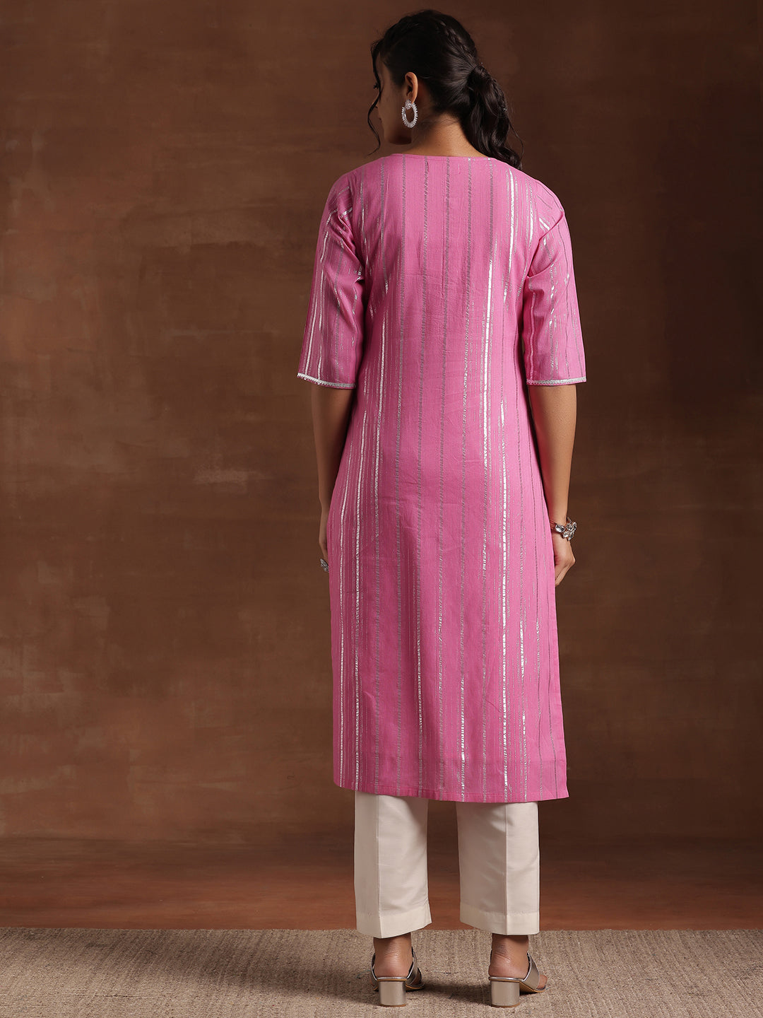 Pink Woven Design Cotton Straight Kurta