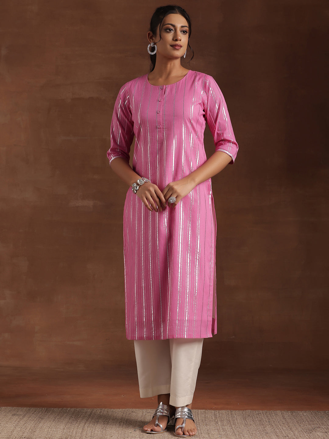 Pink Woven Design Cotton Straight Kurta