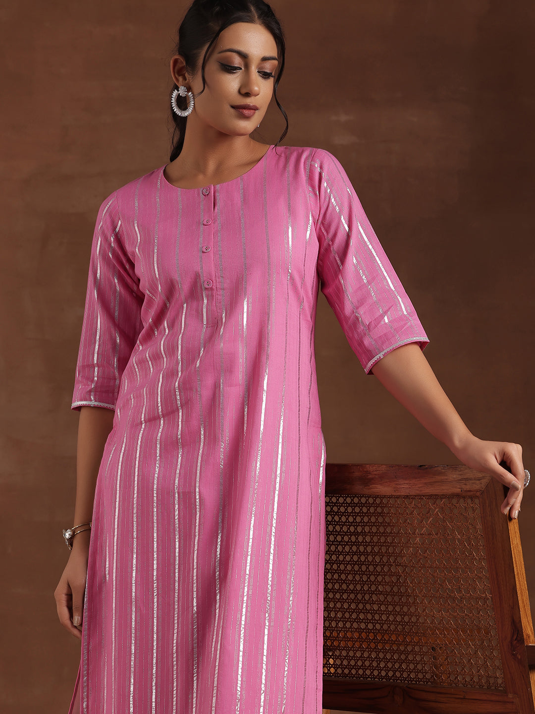 Pink Woven Design Cotton Straight Kurta