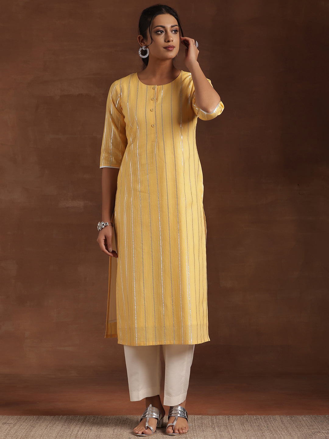 Yellow Woven Design Cotton Straight Kurta