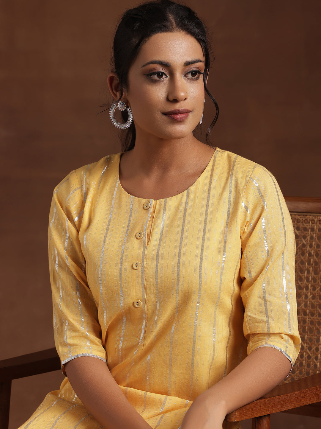 Yellow Woven Design Cotton Straight Kurta