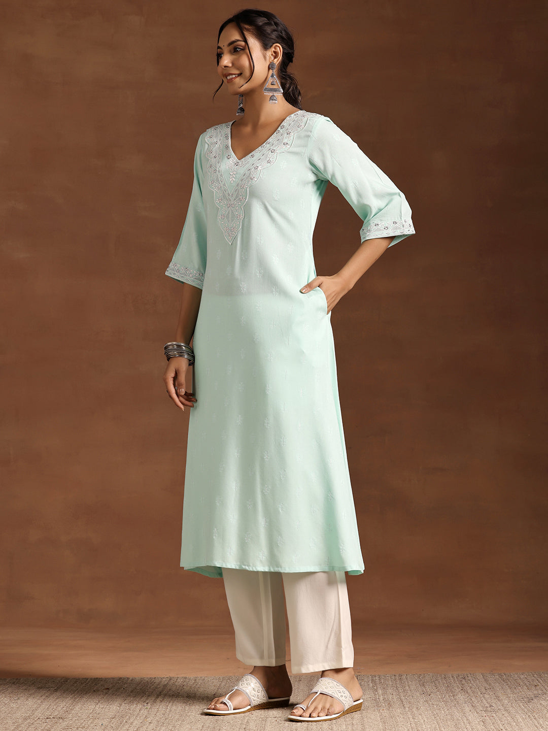 Blue Woven Design Rayon A-Line Kurta