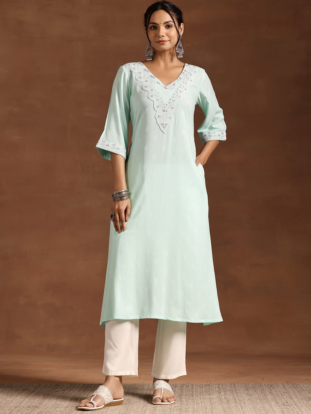 Blue Woven Design Rayon A-Line Kurta