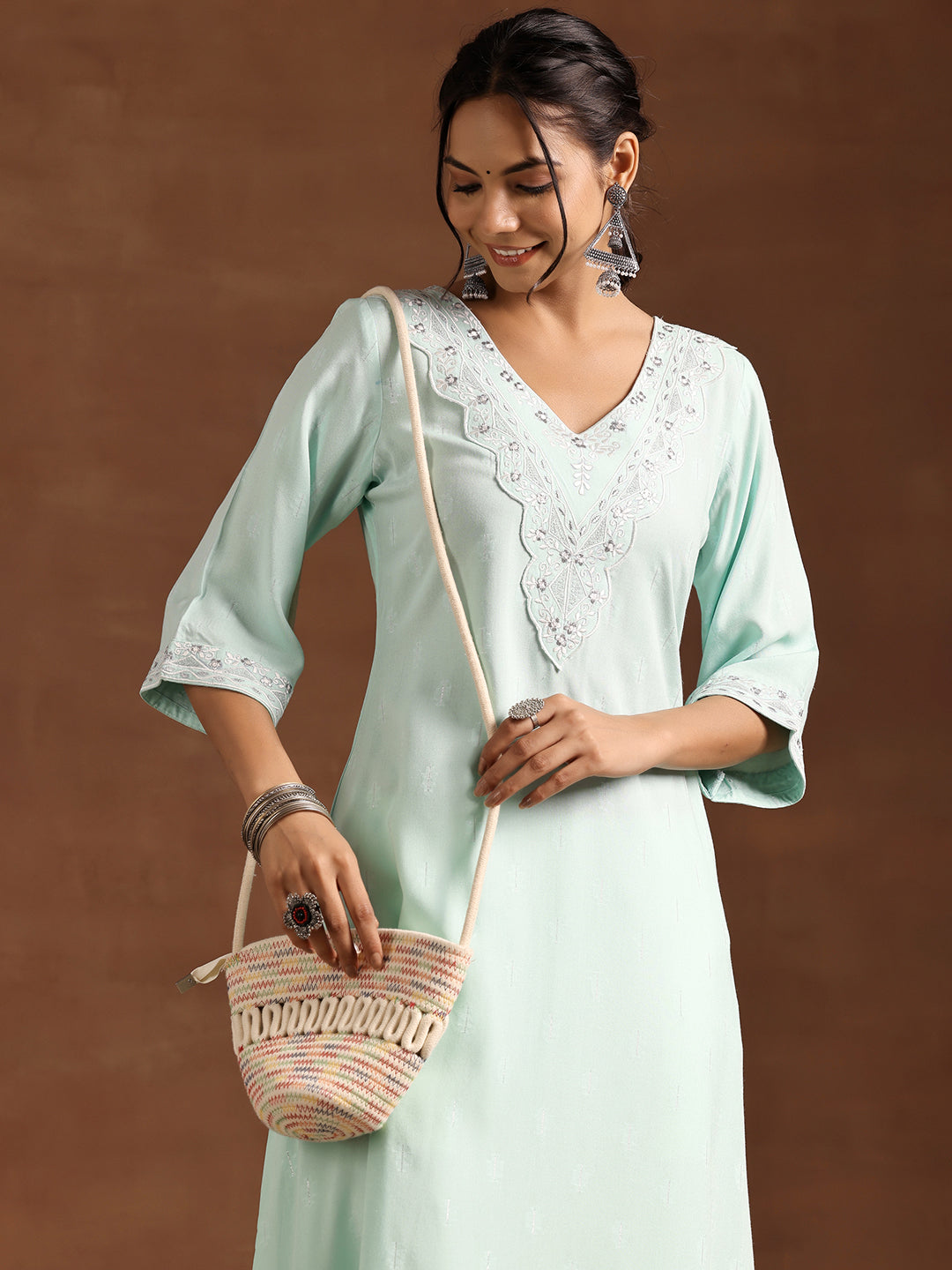 Blue Woven Design Rayon A-Line Kurta