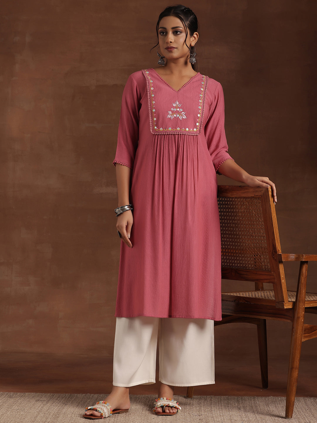 Pink Yoke Design Cotton Straight Kurta