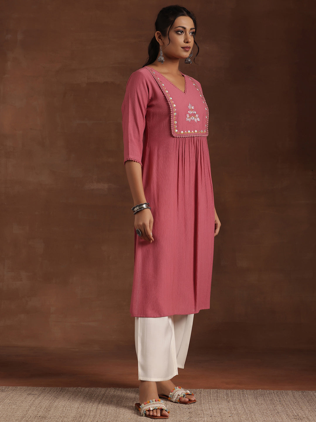 Pink Yoke Design Cotton Straight Kurta