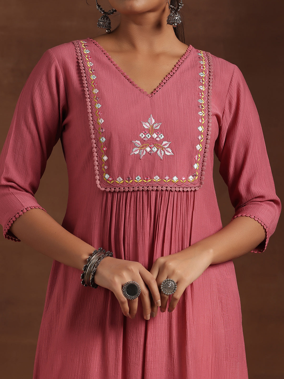 Pink Yoke Design Cotton Straight Kurta