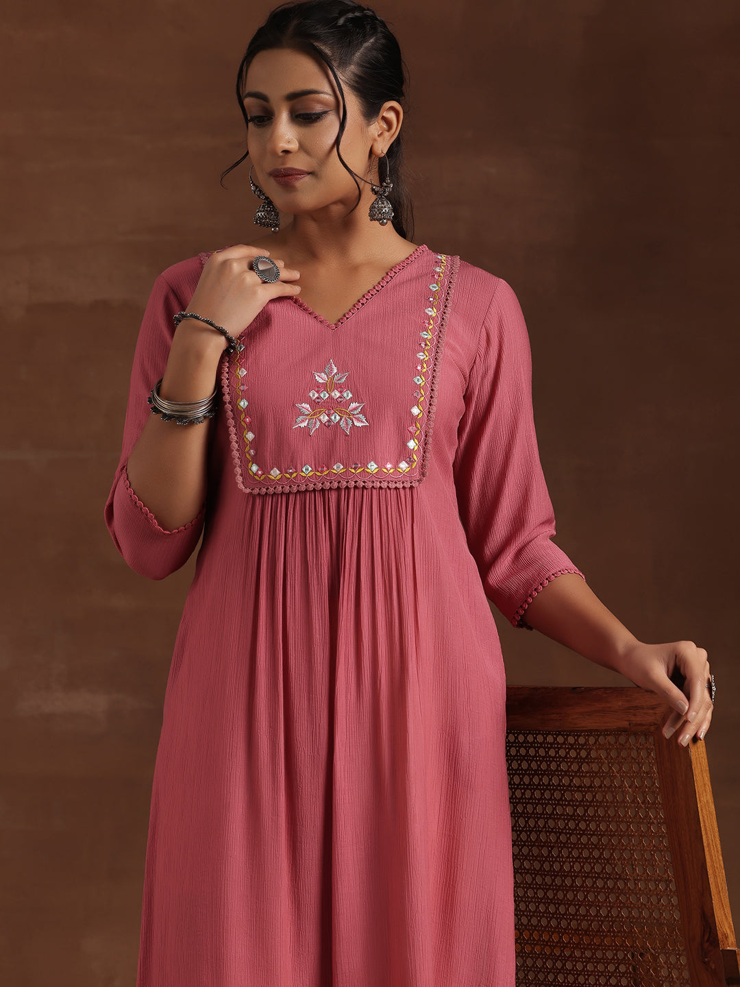 Pink Yoke Design Cotton Straight Kurta