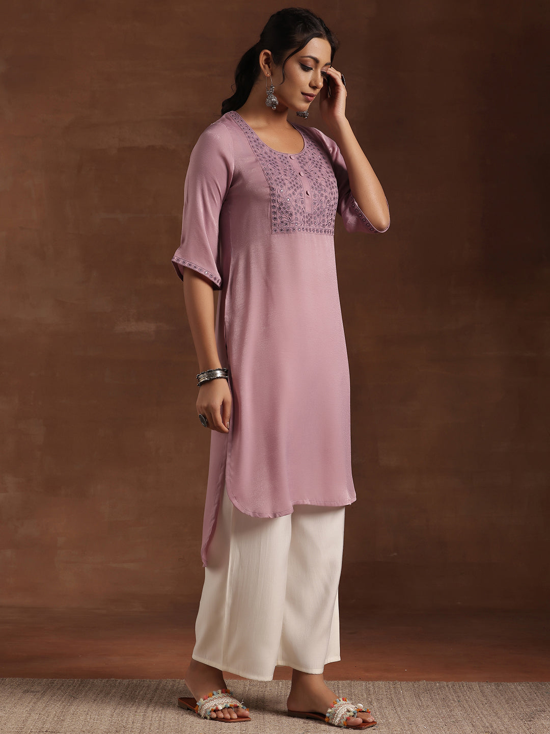 Lavender Yoke Design Polyester Straight Kurta