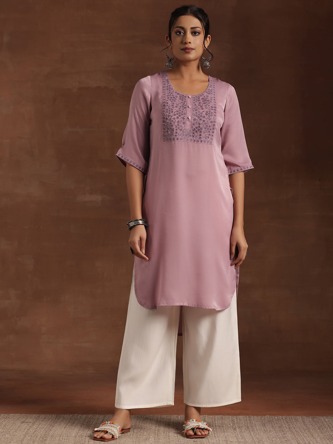 Lavender Yoke Design Polyester Straight Kurta