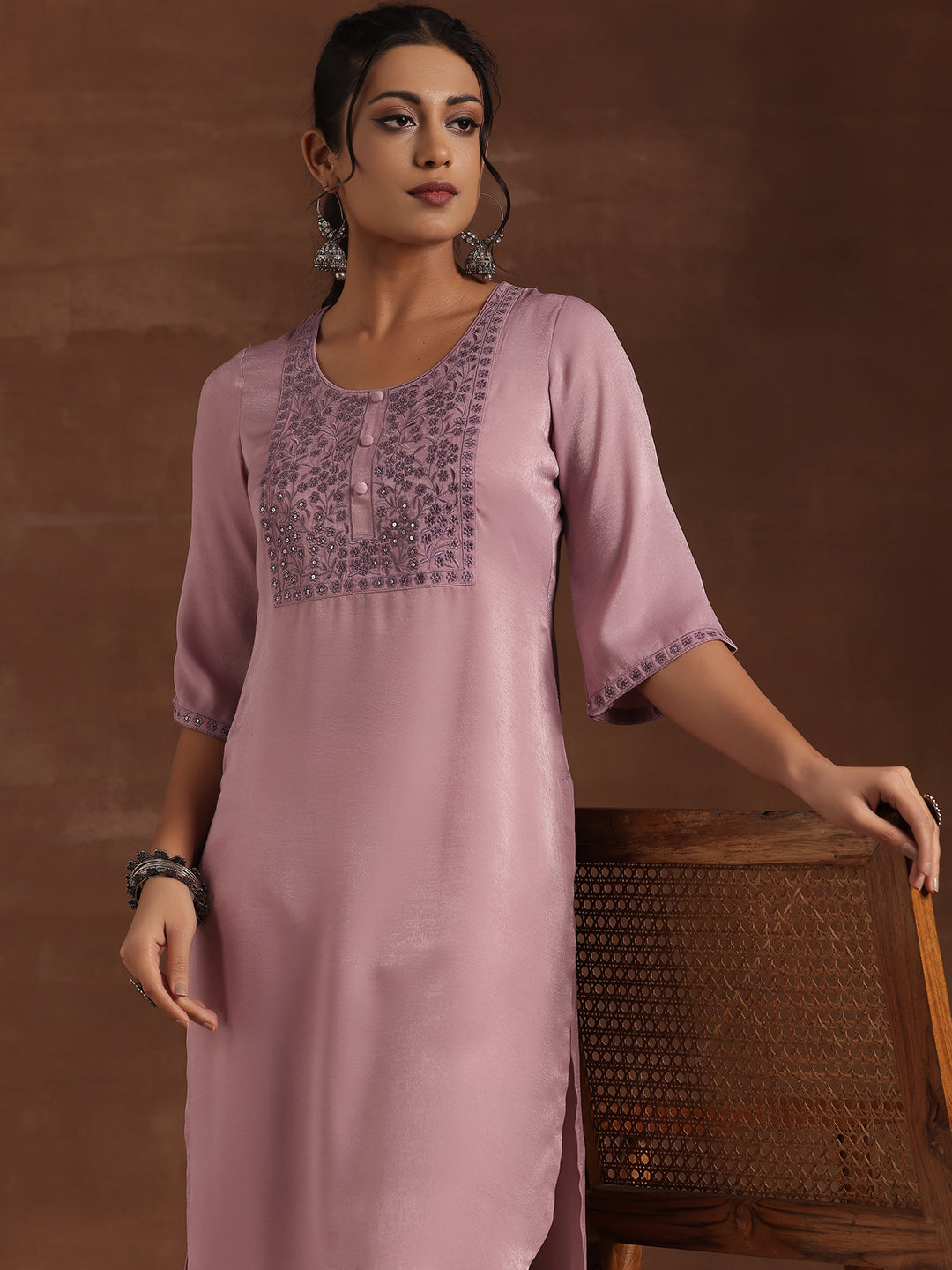 Lavender Yoke Design Polyester Straight Kurta