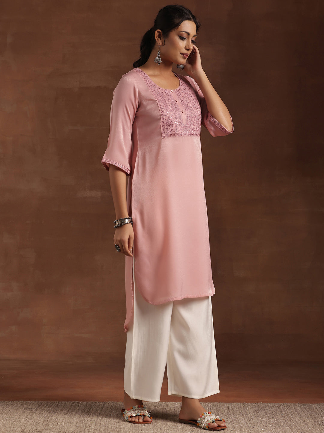 Peach Yoke Design Polyester Straight Kurta