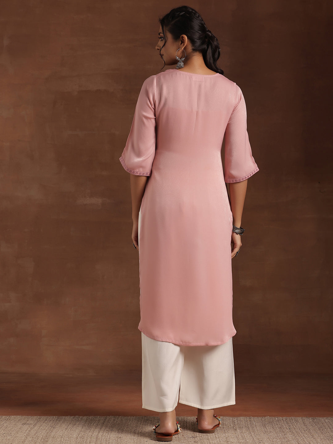 Peach Yoke Design Polyester Straight Kurta