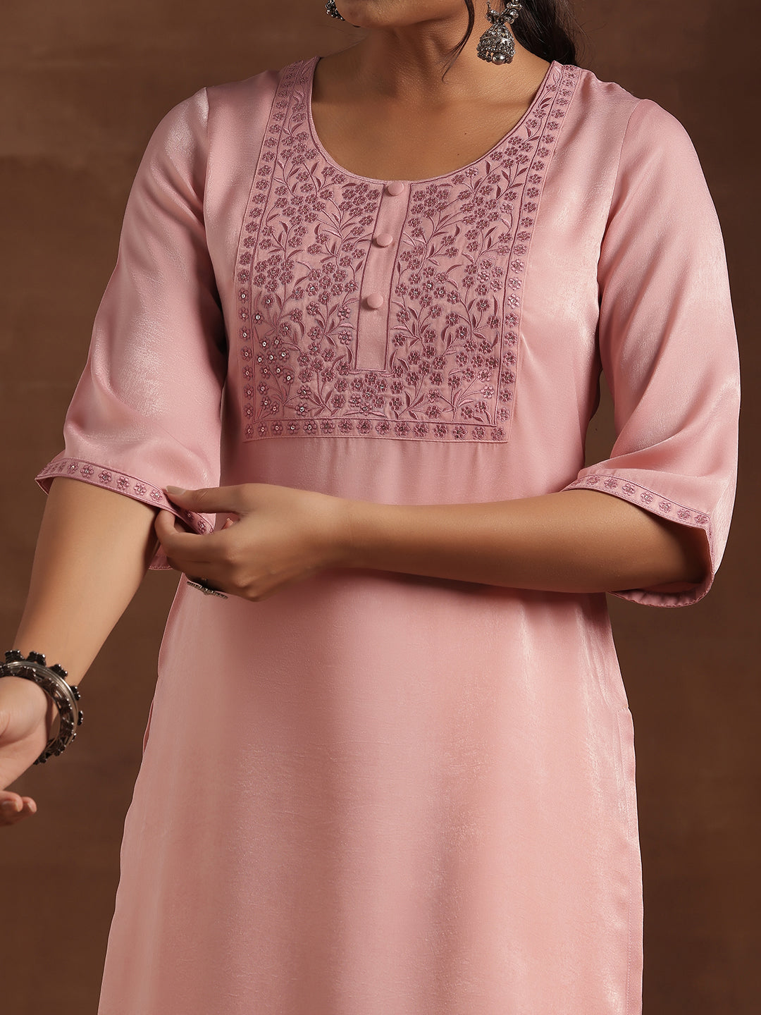 Peach Yoke Design Polyester Straight Kurta